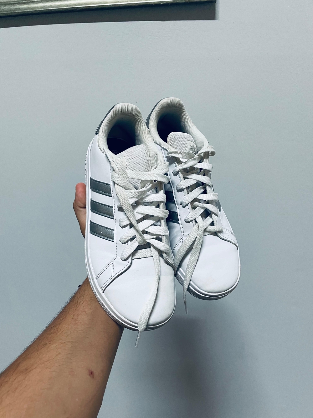 adidas White Sneakers with Gray Stripes